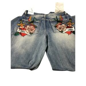 Disclosure‎ Wide Leg Tattoo Embroidered Jeans Blue Medium Wash women Size 13/31